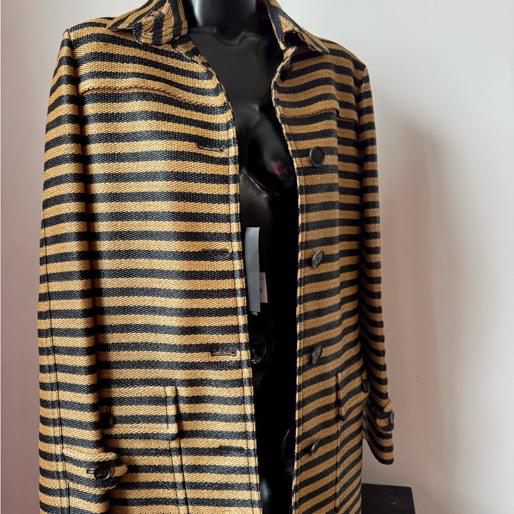 Burberry Prorsum Striped Woven Ruffia Coat